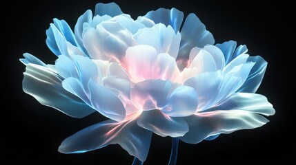 Glowing Blue Peony Flower on Black Background