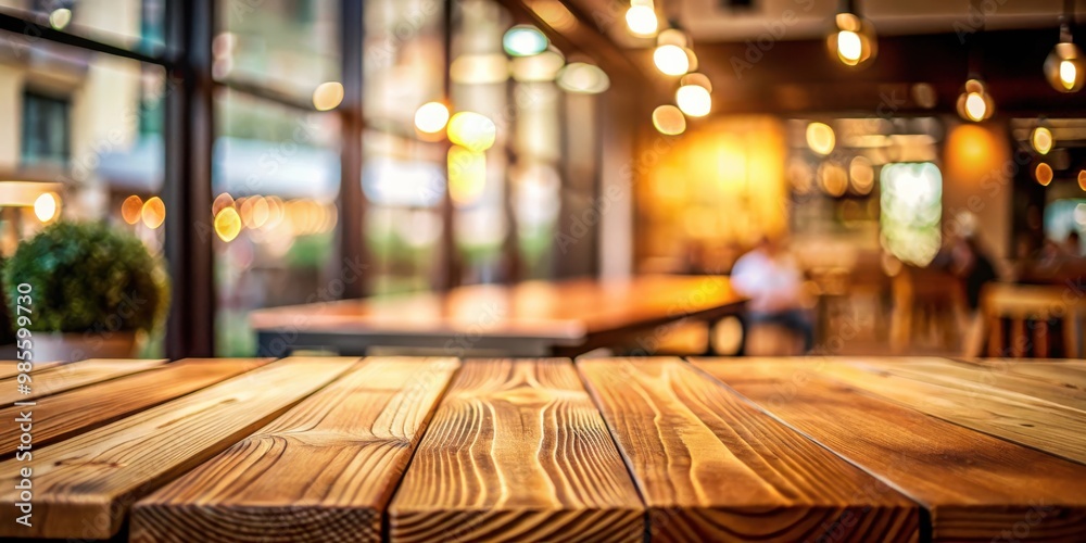 Poster close up of wooden cafe table surface with blurred background and selective focus