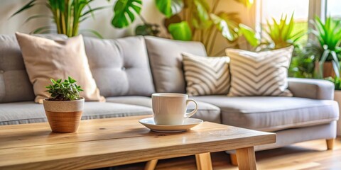 Fototapeta premium Coffee mug on wooden table next to sofa and potted plant, cozy home decor setting