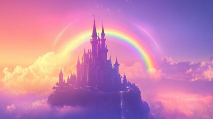A beautiful pastel castle illuminated by sunlight, with a softly glowing rainbow in the sky, set against a vibrant futuristic backdrop, vector art