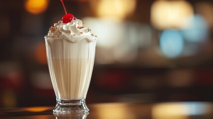 Creamy Milkshake with Cherry on Top in a Glass