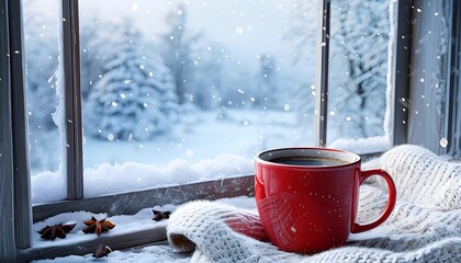 Cozy red mug of coffee on windowsill in wintery snow scene, holiday greeting card