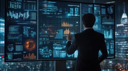 businessman or data analyst analyzing business growth data statics on virtual screen, business analysis virtual graph display, growth strategy, sales marketing digital data
