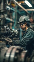 Female engineer in safety gear working on industrial machinery in a factory. Professional and focused industrial engineering worker.