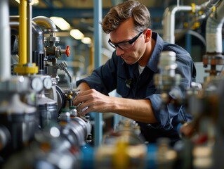 Engineer focused on machinery, performing maintenance in an industrial setting, surrounded by equipment and wearing safety glasses.
