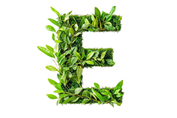 Letter E with Lush Tropical Leaves and Botanical Typography, Nature-Inspired Alphabet Design on Transparent Background, Perfect for Eco-Friendly and Tropical Themes