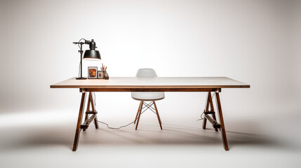 Wooden Desk with White Chair and Lamp on White Background