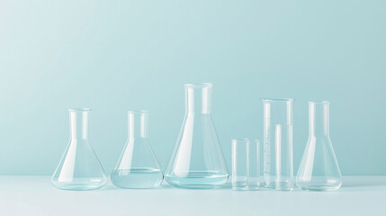 collection of laboratory glassware, including beakers, flasks, and test tubes, elegantly arranged against a clean blue background, highlighting the clarity and precision of scienti
