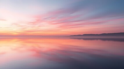 A serene sunset over calm waters reflects soft hues of pink and orange, creating a tranquil atmosphere.