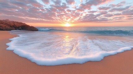 Golden Sunset Casts a Warm Glow on Foamy Waves Reaching the Sandy Shore