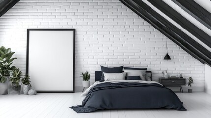 Modern Minimalist Bedroom with Exposed Brick Wall and Black Accents