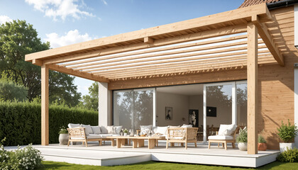 Fototapeta premium A modern outdoor dining area with a wooden pergola, a large dining table and chairs, and a view of a swimming pool.