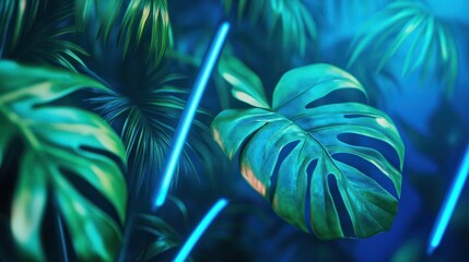 Naklejka premium Green and Blue Neon Light with Tropical Leaves
