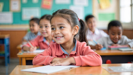 Fototapeta premium A cheerful young girl sits at her desk in a brightly lit classroom, confidently writing with a pencil. Other children are focused on their own tasks, creating an engaging learning environment.