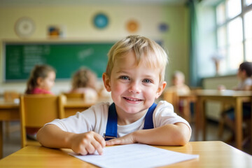 A cheerful boy sits at a desk, happily writing on paper in a vibrant classroom while other students work quietly in the background.