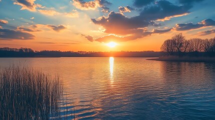 Fototapeta premium A peaceful sunset over a calm lake with tall grasses in the foreground.
