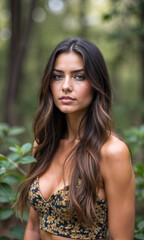 Naklejka premium A young woman stands gracefully among vibrant green foliage, with sunlight filtering through the trees. She exudes confidence with a pose that highlights her natural beauty.