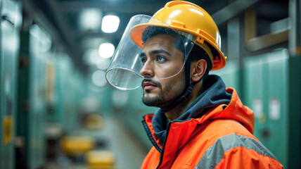 A worker in an orange safety jacket and white hard hat carefully oversees garbage collection in a waste processing facility. The area is filled with piles of debris and recycling materials.