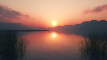 Fototapeta premium A beautiful sunset over a tranquil lake with mountains in the distance.