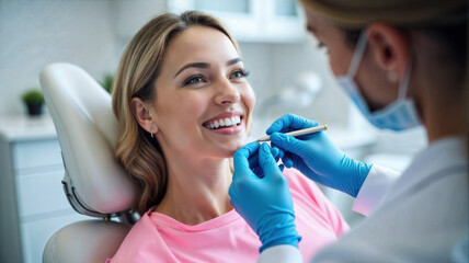 A woman with a bright smile sits in a dental chair as a hygienist performs a dental procedure. The clinic is bright and modern, creating a welcoming environment for patients.