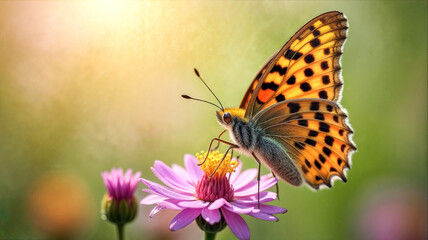 Obraz premium A colorful butterfly is perched on a pink flower, delicately sipping nectar under the warm sunlight of a spring day, surrounded by lush greenery.