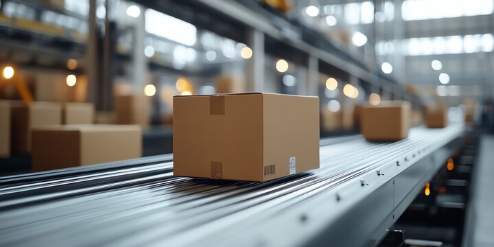 Cardboard box moving on a conveyor belt in a warehouse.