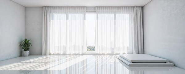 Fototapeta premium Sunlight filters softly through sheer white curtains, illuminating a minimalist room filled with light. The gentle shadows on the floor enhance the serene atmosphere, inviting calmness.