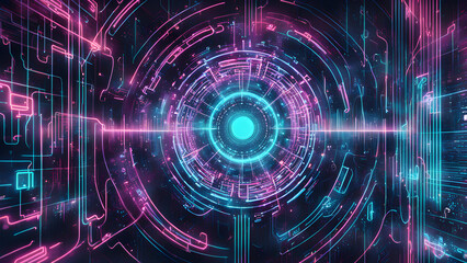 Obraz premium A dynamic, digital artwork featuring a high-tech interface with glowing blue and pink elements, suggesting advanced technology.
