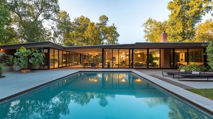 Obraz premium Elegant Mid-Century Ranch with Pool and Glass Facade