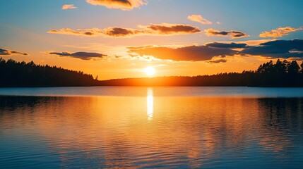 A stunning sunset over a calm lake with trees silhouetted against the bright sky.