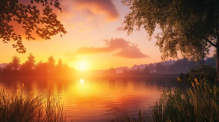 A vibrant sunset over a still lake with trees and grass on the shore.