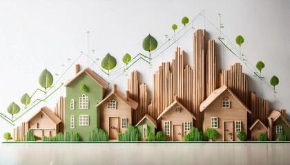 A modern bar and line chart combination showing real estate market trends over the last five years. Uses earthy tones like green and brown, with icons representing houses, apartments, and commercial.