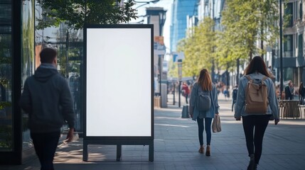 Mockup poster for offers or advertisement in public area with people walking by.