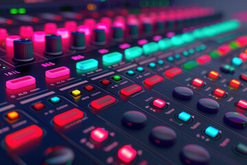 A vibrant close-up of a music mixing console with colorful buttons and knobs, showcasing the intricate details of audio production.