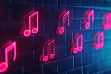 Neon musical notes illuminate a dark brick wall, creating a vibrant atmosphere that resonates with creativity and sound.
