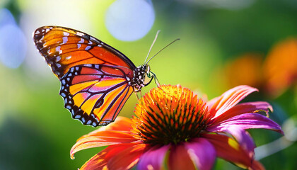 Fototapeta premium A macro shot of a vibrant butterfly perched on a bright flower, with intricate wing patterns and vivid colors standing out against a blurred, natural green background 