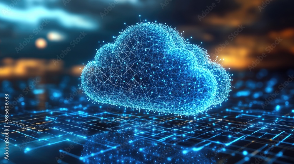 Poster a cloud graphic with interconnecting lines representing business operations. the background features
