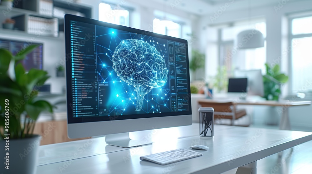 Fototapete A modern workspace featuring AI brain visualization displayed prominently on computer screen