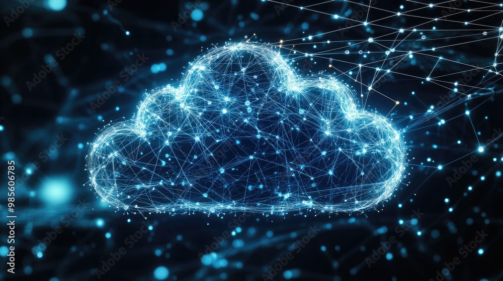 Poster a cloud graphic with interconnecting lines representing business operations. the background features