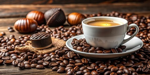 Fototapeta premium A close up of a cup of espresso coffee beans and chocolate candies