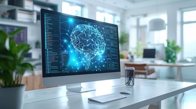 A modern workspace featuring AI brain visualization displayed prominently on computer screen