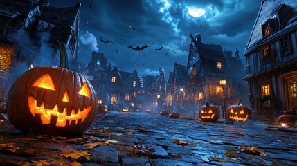 Scary Halloween pumpkin poster, medieval fantasy, epic scenes, pumpkin-filled street at night, photorealistic compositions, detailed backgrounds, AI illustration, digital, virtual, generative