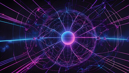 Obraz premium An intricate, colorful abstract design showcasing energy waves in purple and blue with a central luminescent sphere.