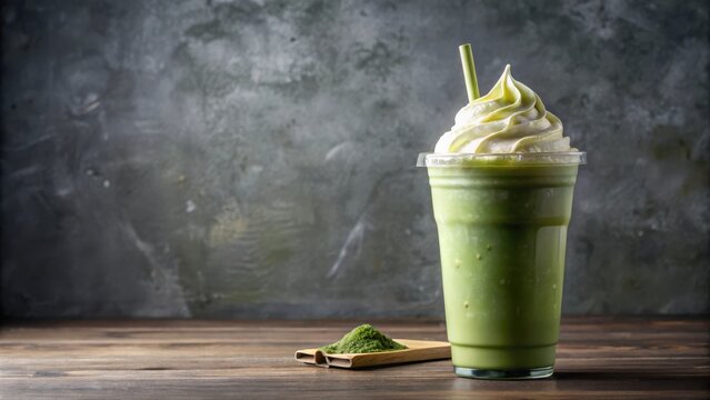 Iced matcha green tea latte frappe with copy space for text