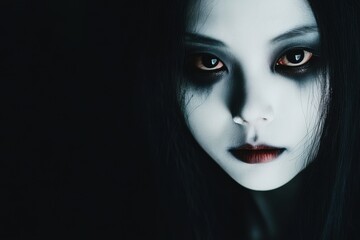 Portrait of an Asian woman with ghost bride makeup, featuring pale skin and dark, hollow eyes, copy space in the middle, in a black background, Halloween theme, eerie and melancholic, soft eerie 