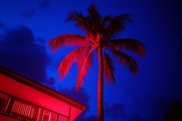 Obraz premium A palm tree stands out in red light against a deep blue sky, with clouds adding texture at twilight near a tropical building
