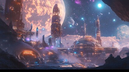 A cosmic sci-fi landscape with futuristic structures and glowing stars in the background, capturing the essence of a space journey.