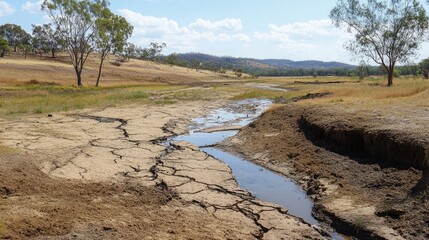 A cracked riverbank showing the extreme drought conditions, with once-lush greenery now lifeless and brown.