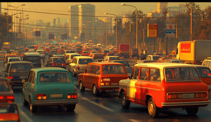 Fototapeta premium Cinematic still of a traffic jam in Moscow, with numerous old Russian cars from the late 1980s and early 1990s driving on the highway in the late afternoon. Created with Ai
