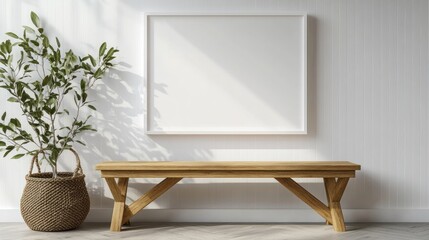 Minimalist Interior Design with a Wooden Bench and a Blank Canvas